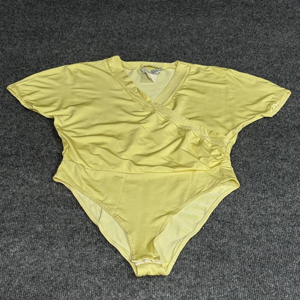 Marella Bodysuit Womens Medium Yellow Wrap V-Neck Short Sleeve Ruched Made Italy